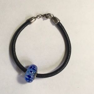 Pandora 925 Sterling Silver & Black leather Bracelet w/Large Blue Glass Bead.